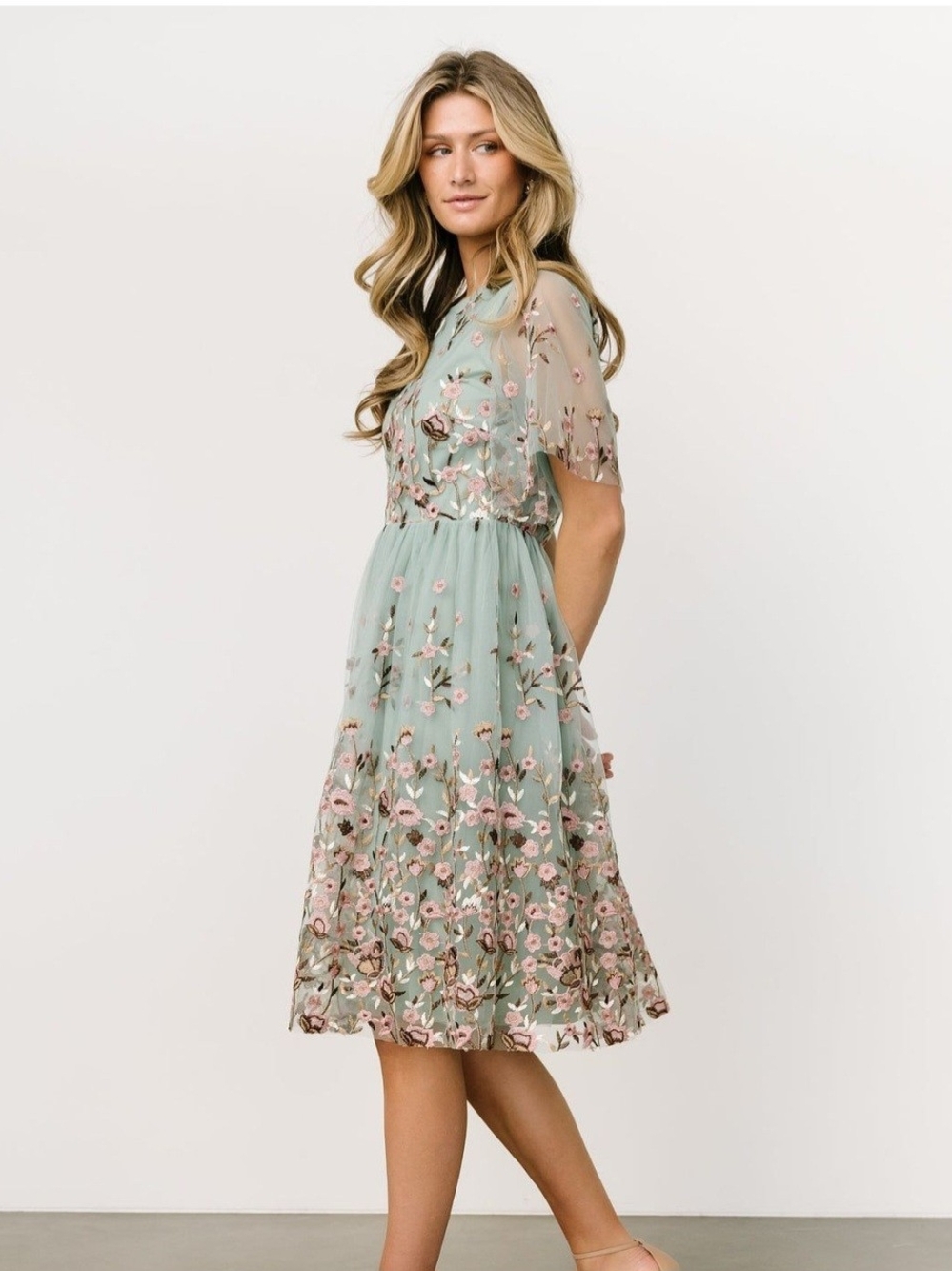 Baltic Born Duchess Tulle A Line Tea Length Dress In Sage Garden Floral EUC Med